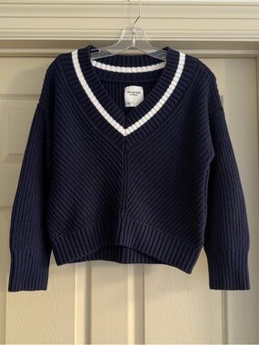 Abercrombie & Fitch Navy Varsity V-Neck Sweater with White Trim